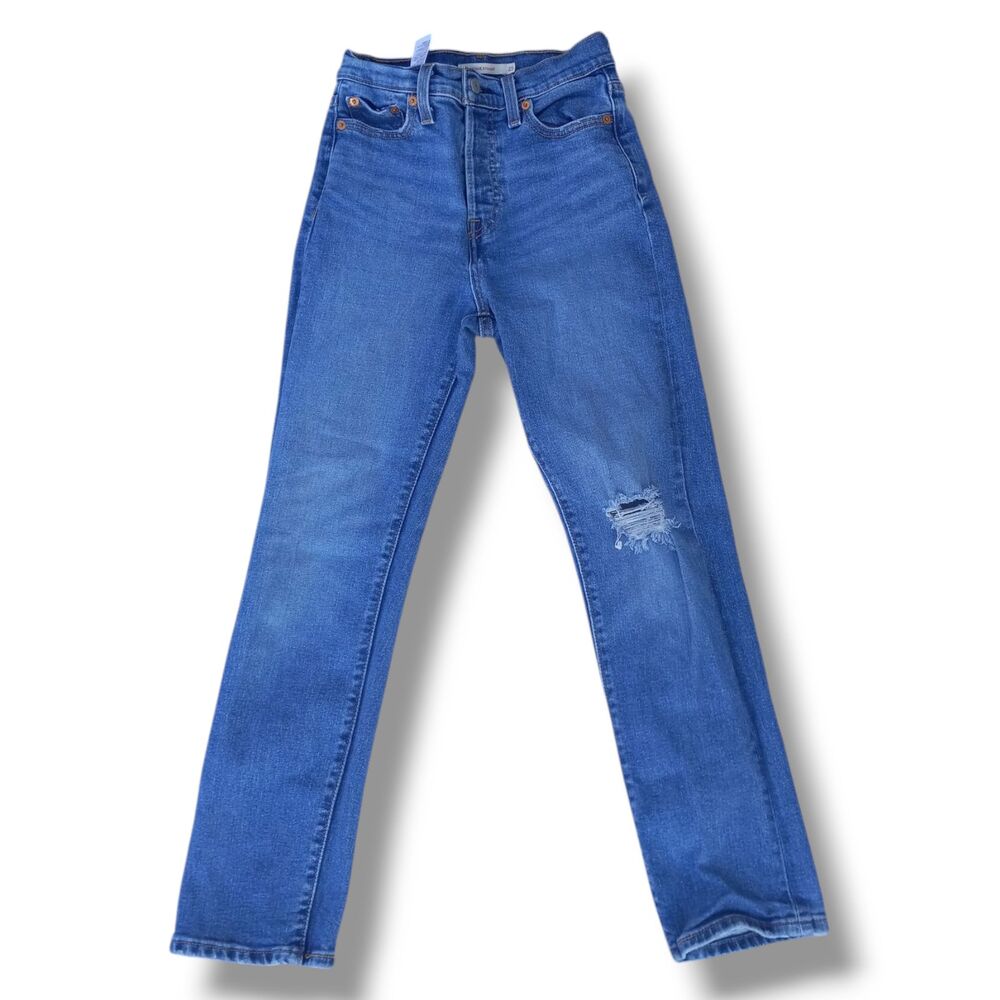 Levi Wedgie Straight Distressed Jeans-Size 25-Button Fly-Medium Wash-Mid Rise